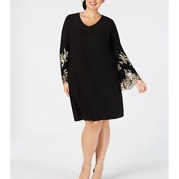 NWT MSK Bell Sleeve Shift Dress Black Gold Sleeve Women's Plus Size 1X H14730 - Picture 3 of 14